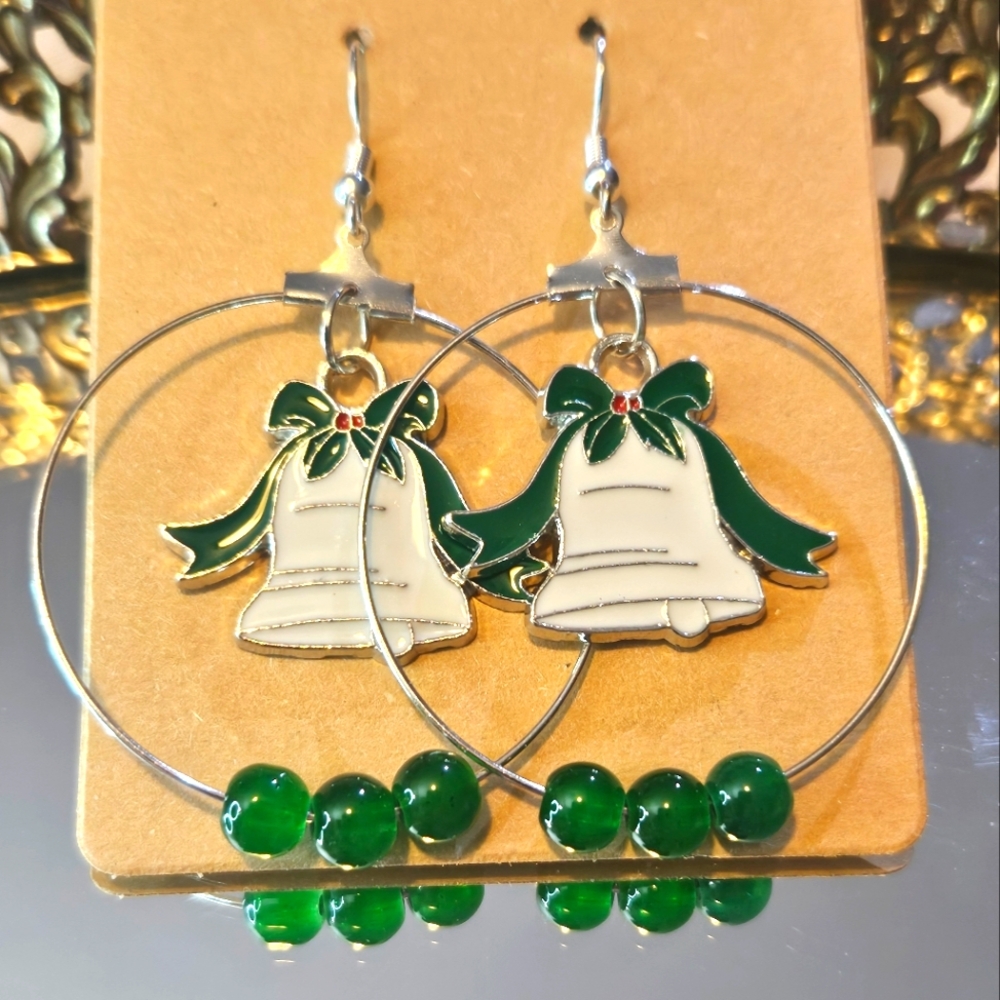 Elegant Silver and Green Bell Earrings - Picture 4 of 4